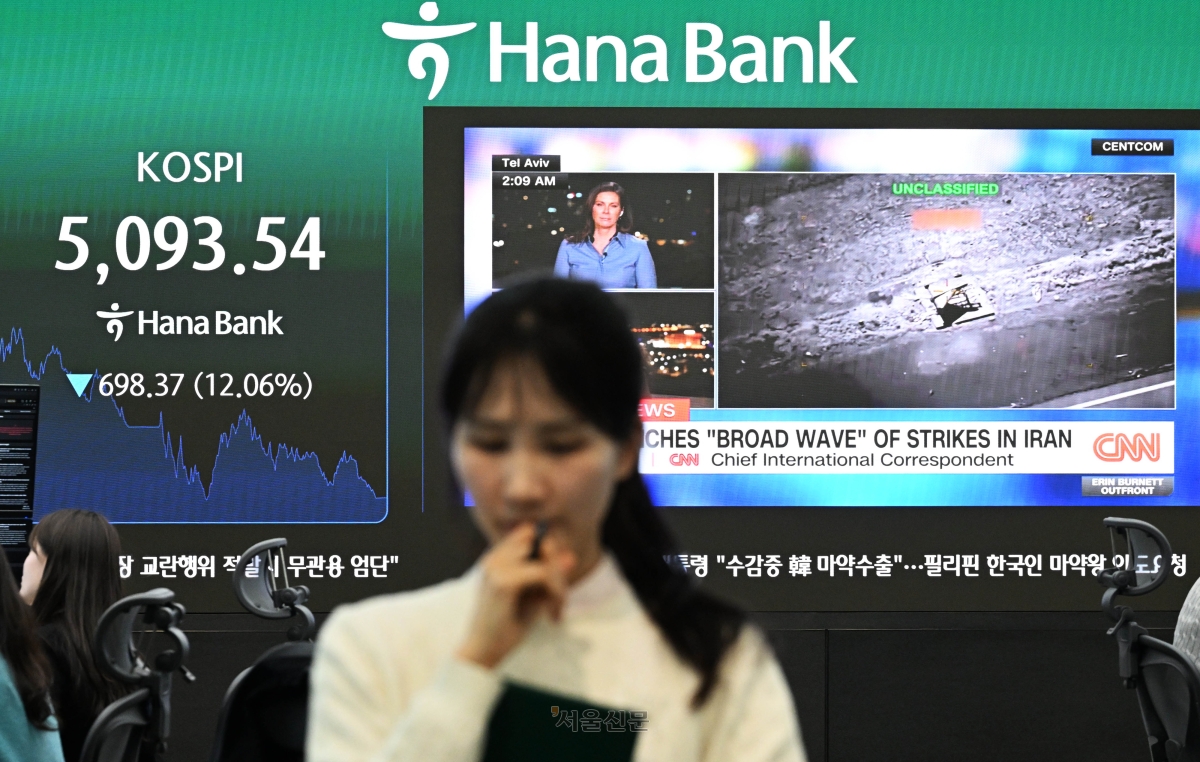 코스피가 미국과 이란 간 전쟁 발발 여파로 역대 최대 폭으로 폭락해 5,100선마저 내준 4일 서울 중구 하나은행 본점 딜링룸에 코스피와 코스닥, 원/달러 환율이 표시돼 있다.  이날 코스피는 전장보다 698.37포인트(12.06%) 내린 5,093.54에, 코스닥은 159.26포인트(14.00%) 급락한 978.44에 장을 마쳤다. 원/달러 환율은 10.1원 오른 1,476.2원이다. 2026.3.4 홍윤기 기자
