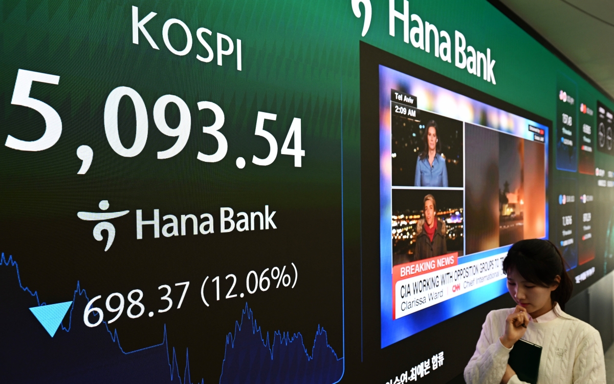 미국과 이란 전쟁 발발 여파로 코스피가 역대 최대폭으로 하락, 5100선마저 내준 4일 서울 중구 하나은행 본점 딜링룸에 코스피 종가가 표시되고 있다. 이날 코스피는 전장보다 698.37포인트(12.06%) 내린 5.093.54에 거래를 마쳤다. 홍윤기 기자