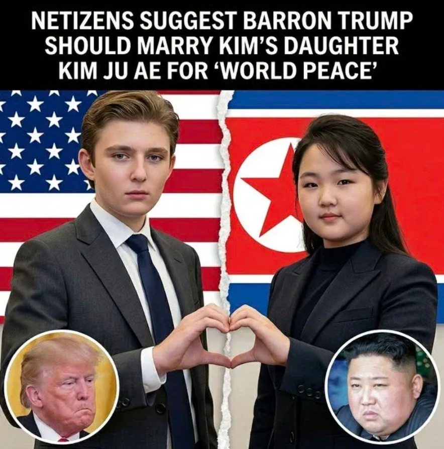 미국·이란 전쟁으로 중동 정세가 급격히 악화한 가운데 최근 도널드 트럼프 미국 대통령의 막내아들 배런 트럼프와 김정은 북한 국무위원장의 딸 김주애를 결혼시키면 세계 평화가 올 것이라는 내용의 ‘밈’(meme)이 온라인상에서 확산하고 있다. 온라인 커뮤니티