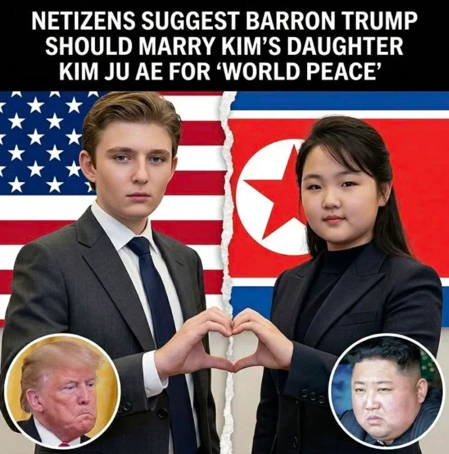 미국·이란 전쟁으로 중동 정세가 급격히 악화한 가운데 최근 도널드 트럼프 미국 대통령의 막내아들 배런 트럼프와 김정은 북한 국무위원장의 딸 김주애를 결혼시키면 세계 평화가 올 것이라는 내용의 ‘밈’(meme)이 온라인상에서 확산하고 있다. 온라인 커뮤니티
