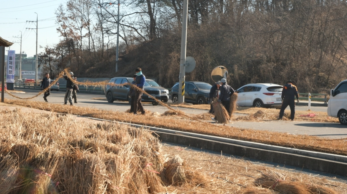 기지시줄다리기보존회 회원들이  큰 줄의 기초가 되는 작은 줄을 만들고 있다. 시 제공