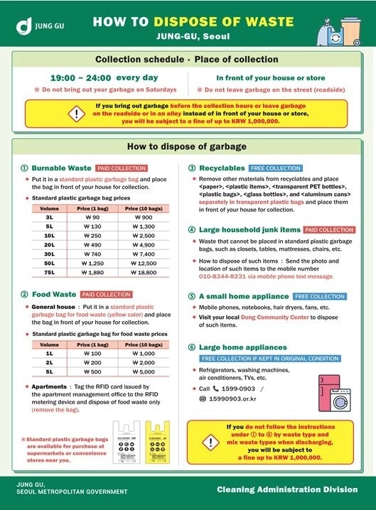 서울 중구 영문 쓰레기 배출방법 안내문
