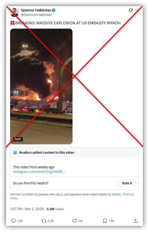 3일 이란의 보복 공습으로 사우디아라비아 주재 미국 대사관이 드론 공격을 받은 가운데, SNS에는 “미국 대사관에서 거대한 폭발이 발생했다”는 글과 영상이 확산했으나 이는 사우디의 한 고속도로에서 발생한 화재 사고를 촬영한 영상을 ‘재탕’한 것이다. AFP 팩트체크