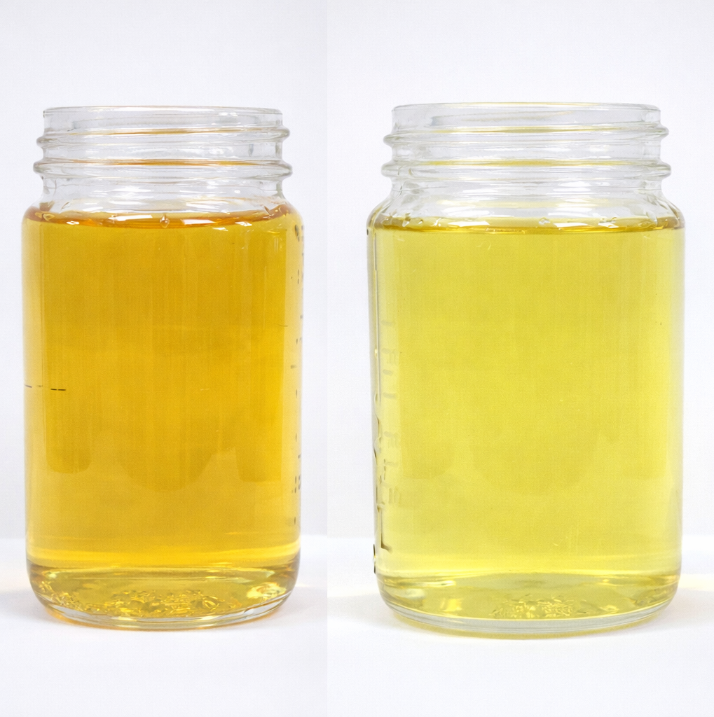 생산기술연구원 연구팀이 폐플라스틱을 열분해해 생산한 열분해유(왼쪽). 열분해유와 합성유를 섞은 블렌딩유(오른쪽). 블렌딩유는 현재 쓰이는 산업용 기어 윤활유 기준을 충족해 조만간 상용화 연구에 돌입할 에정이다.  한국생산기술연구원 제공