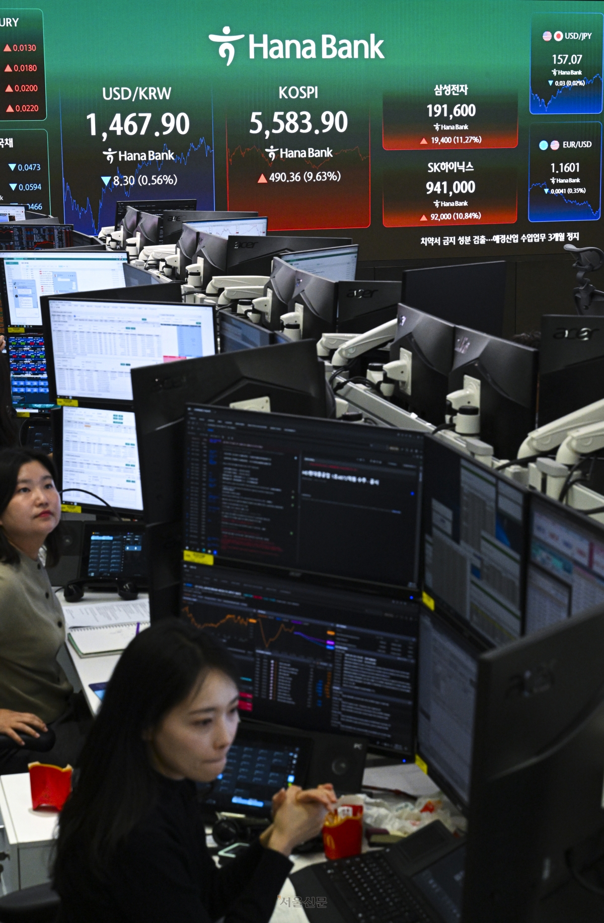 중동 정세로 인해 폭락했던 코스피가 급반등해 5580대를 회복한 가운데 주가지수가 5일 서울 중구 하나은행 딜링룸 전광판에 표시돼 있다. 이날 코스피는 전장보다 490.36포인트(9.63%) 오른 5583.90에 장을 마쳤다. 2026.3.5 이지훈 기자