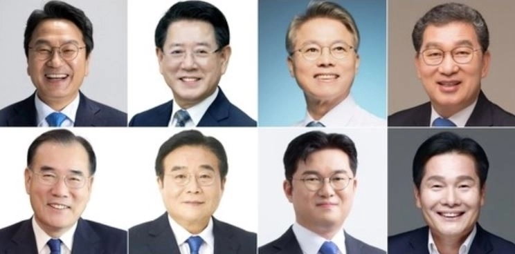 왼쪽 위쪽부터(가나다 순)부터 강기정, 김영록, 민형배, 신정훈, 이개호, 이병훈, 정준호, 주철현 등 전남광주특별시장 민주당 후보군. 연합뉴스 제공