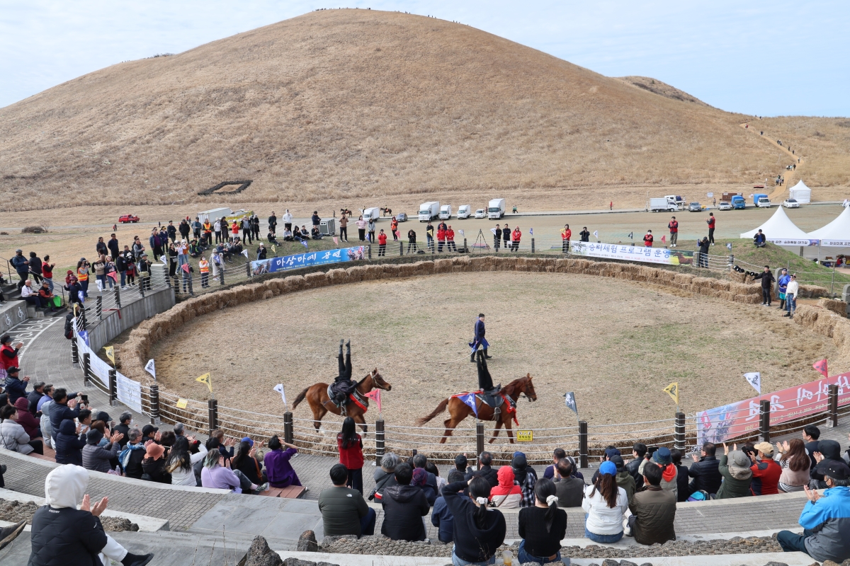 지난해 새별오름 일대에서 열린 2025 들불축제때 선보인 마상마예공연을 올해도 펼친다. 제주시 제공
