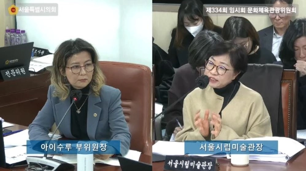 제334회 임시회 문화체육관광위 미술관 업무보고에서 서울시립미술관장에게 질의하는 아이수루 의원