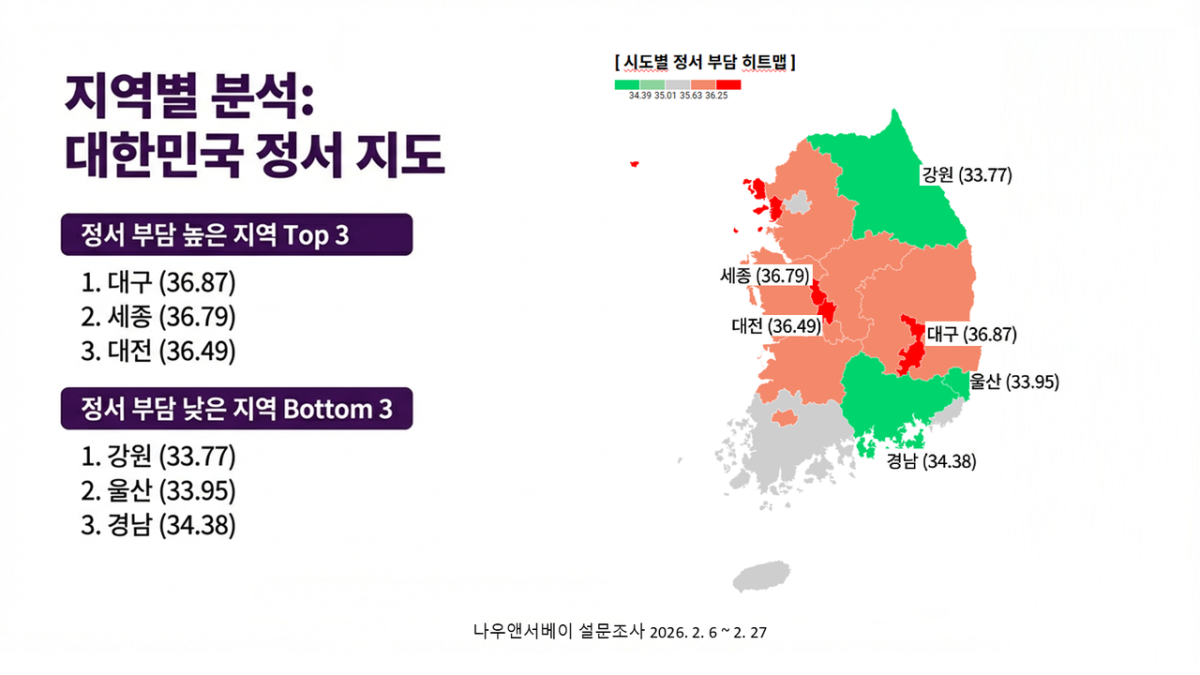 지역별 정서 상태 지도. 나우앤서베이 제공.
