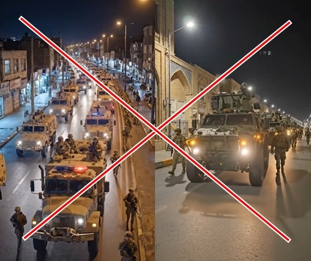 소셜미디어(SNS)에 확산한 이란 전쟁 관련 영상. 미군 군용차들이 이란 테헤란 시내를 점령한 모습으로, 인공지능(AI)으로 만든 허위 영상이다. 자료 : AFP 팩트체크