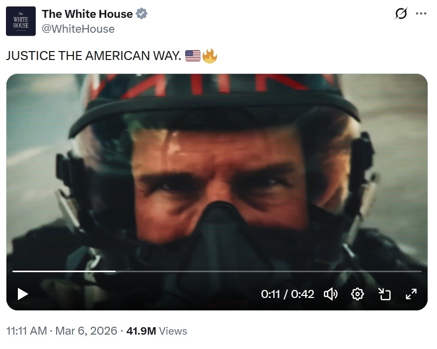 미국 백악관에서 여러 편의 할리우드 영화를 짜깁기해 만든 전쟁 홍보 영상을 공개해 온라인상에서 조롱과 비판을 받고 있다. 백악관 X 캡처