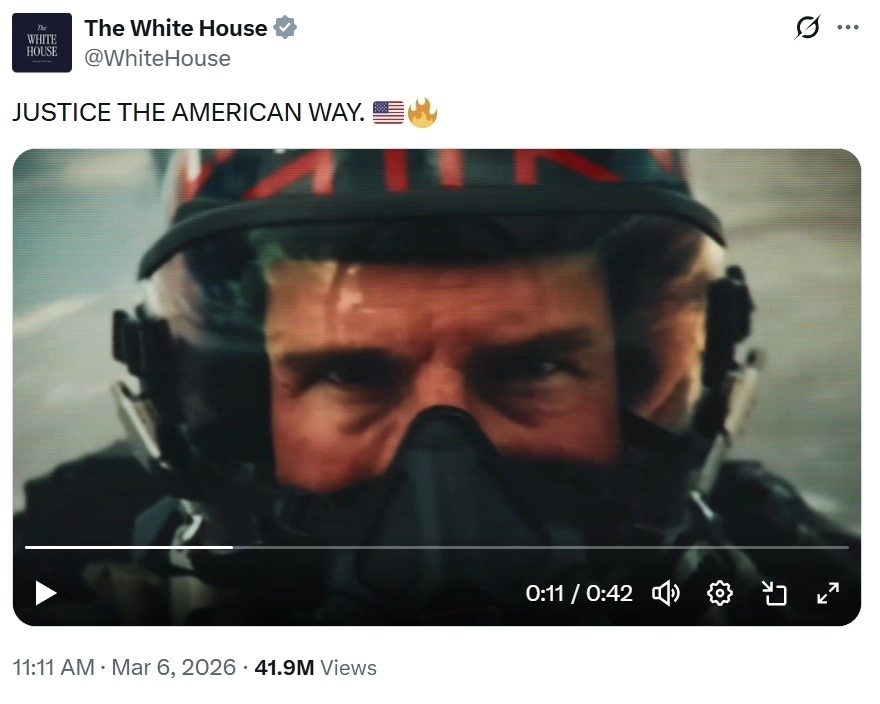 미국 백악관에서 여러 편의 할리우드 영화를 짜깁기해 만든 전쟁 홍보 영상을 공개해 온라인상에서 조롱과 비판을 받고 있다. 백악관 X 캡처