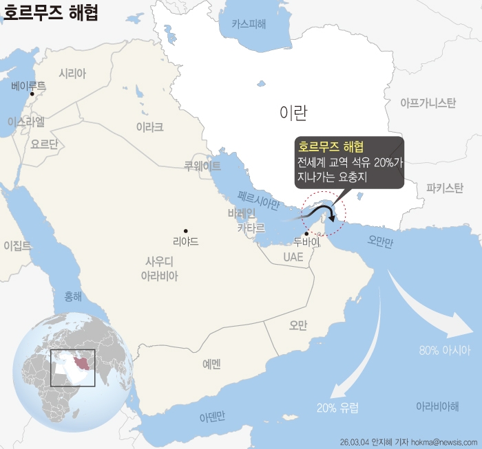 호르무즈 해협과 주변 지형. 해협 안쪽인 페르시아만에 지난 8일 오후 10시 기준 우리나라 선원 183명이 있는 것으로 확인됐다. 뉴시스