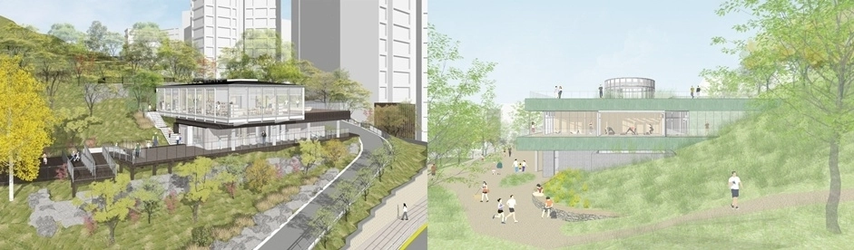서울 은평구 수색지구 책쉼터 조감도(왼쪽 사진)와 수국사지구 치유센터(치유숲) 조감도. 은평구 제공