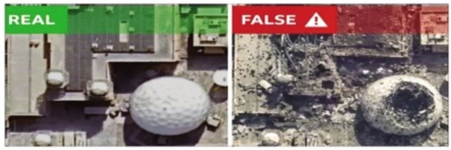 영국 BBC가 분석한 바레인 소재 미 해군기지의 위성사진 비교 모습. 왼쪽은 구글 맵에 등록된 실제 위성사진이고, 오른쪽은 최근 엑스(X)를 통해 유포된 인공지능(AI) 조작 사진이다. 오른쪽 사진은 건물이 폭격으로 처참하게 파괴된 것처럼 묘사됐지만, 실제 지형 정보 위에 AI가 폭발 흔적만을 정교하게 덧입힌 ‘하이브리드 합성’이다. 구글 맵·엑스·BBC