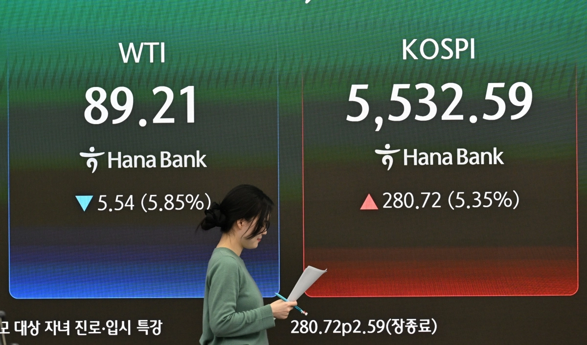 도널드 트럼프 미국 대통령의 종전 시사 발언에 국제유가가 급락한 10일 서울 종로구 하나은행 딜링룸에 유가와 코스피 지수가 표시돼 있다. 2026.3.10 도준석 전문기자