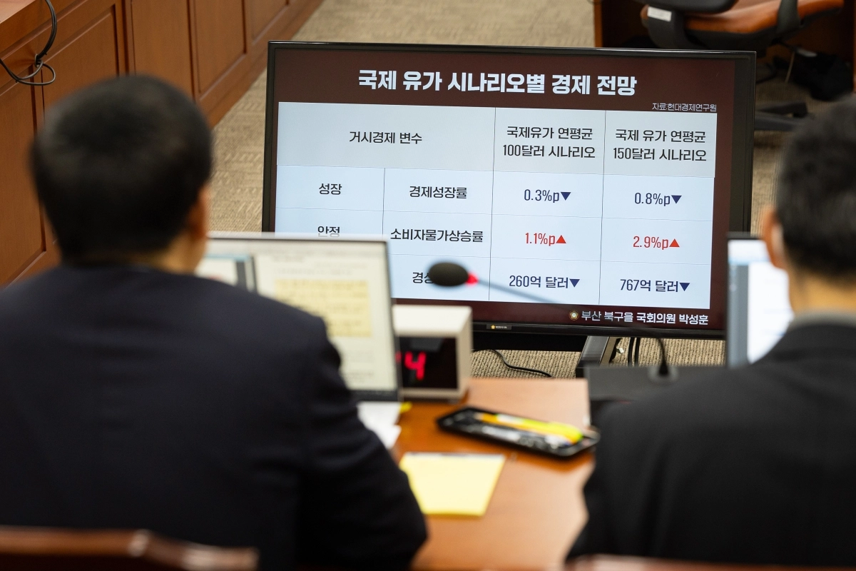 국제 유가 시나리오별 경제 전망 자료 바라보는 구윤철 부총리