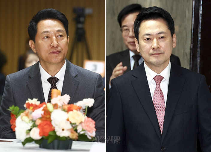 오세훈 서울시장이 11일 서울시청 대회의실에서 열린 ‘2026 유공납세자 표창장 수여식’에 참석해 있다(왼쪽 사진). 오른쪽 사진은 같은 날 국회에서 열린 ‘지역발전 인재영입 환영식’에 참석하고 있는 장동혁 국민의힘 대표. 뉴시스·안주영 전문기자