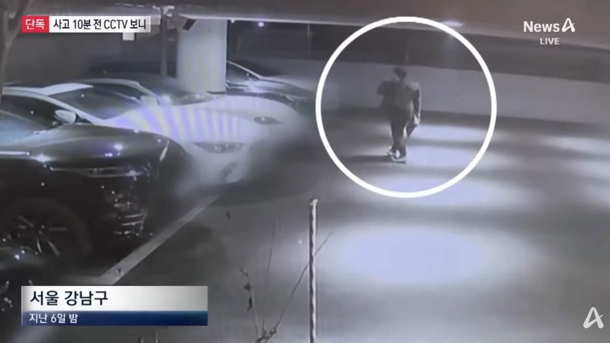 배우 이재룡이 지난 6일 서울 강남구의 한 건물 주차장에 들어서는 모습이 폐쇄회로(CC)TV에 포착됐다. 자료 : 채널A