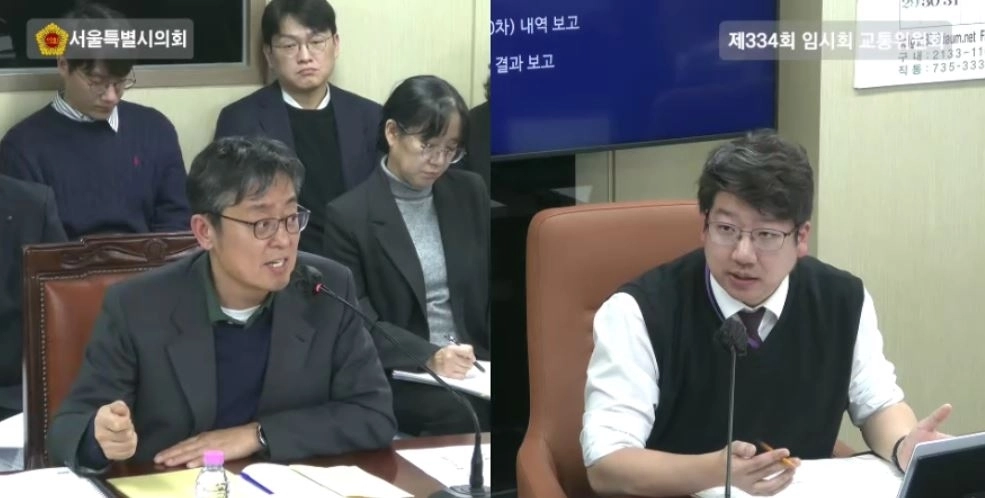 여장권 교통실장(왼쪽)에게 질의하는 문성호 의원