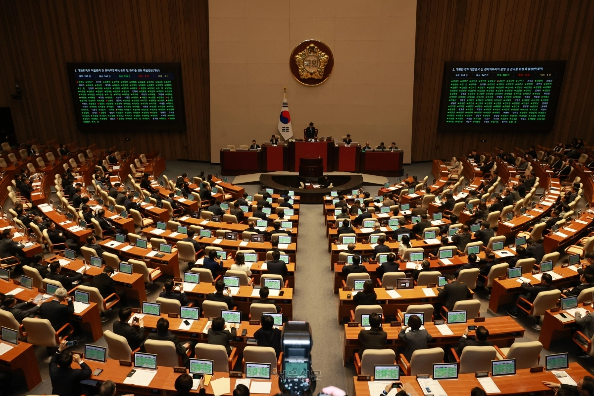 12일 국회에서 열린 3월 임시국회 본회의에서 한미 전략적 투자 관리를 위한 특별법(대미투자특별법)이 통과되고 있다. 2026.3.12 안주영 전문기자