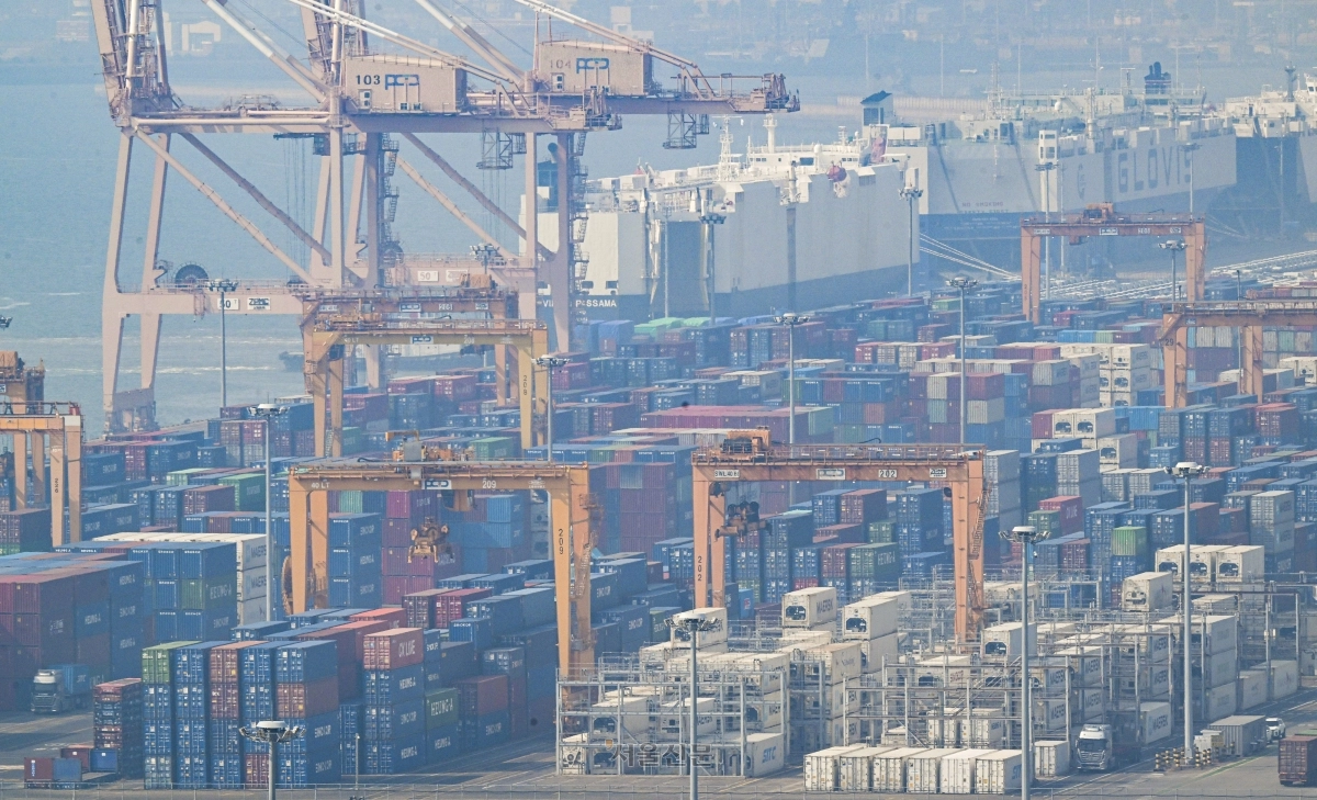 도널드 트럼프 미국 행정부가 한국을 포함한 16개국을 대상으로 무역법 301조에 따른 조사를 개시한다고 밝힌 가운데  12일 경기 평택항 부두에 수출용 컨테이너가 쌓여있다.  이지훈 기자