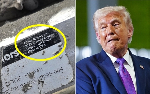 최소 175명의 어린이와 교사가 숨진 지난달 28일 이란 여자초등학교 폭격이 미군의 표적 설정 오류에서 비롯됐을 가능성이 크다는 예비 조사 결과가 나왔다. 이란 측은 현장에서 수거한 미사일 파편에서 미군 토마호크 미사일 부품이 확인됐다고 주장했다. 사진 왼쪽은 폭격 현장에서 수거된 미사일 파편. ‘메이드 인 USA’ 문구와 함께 글로브 모터스라는 제조사명이 표기돼 있었는데, 이 부품은 토마호크 의 후미 조종면 제어계통에 들어가는 전동식 구동기(액추에이터)일 가능성이 크다. 유도·비행제어장치의 조향 명령에 따라 꼬리날개 등 조종면을 미세하게 움직여 비행 방향 수정과 자세 제어, 경로 유지를 수행하는 핵심 구동부로 추정된다. 오른쪽은 도널드 트럼프 미국 대통령. 2026.3.11 이란 외무부 대변인/AP 연합뉴스