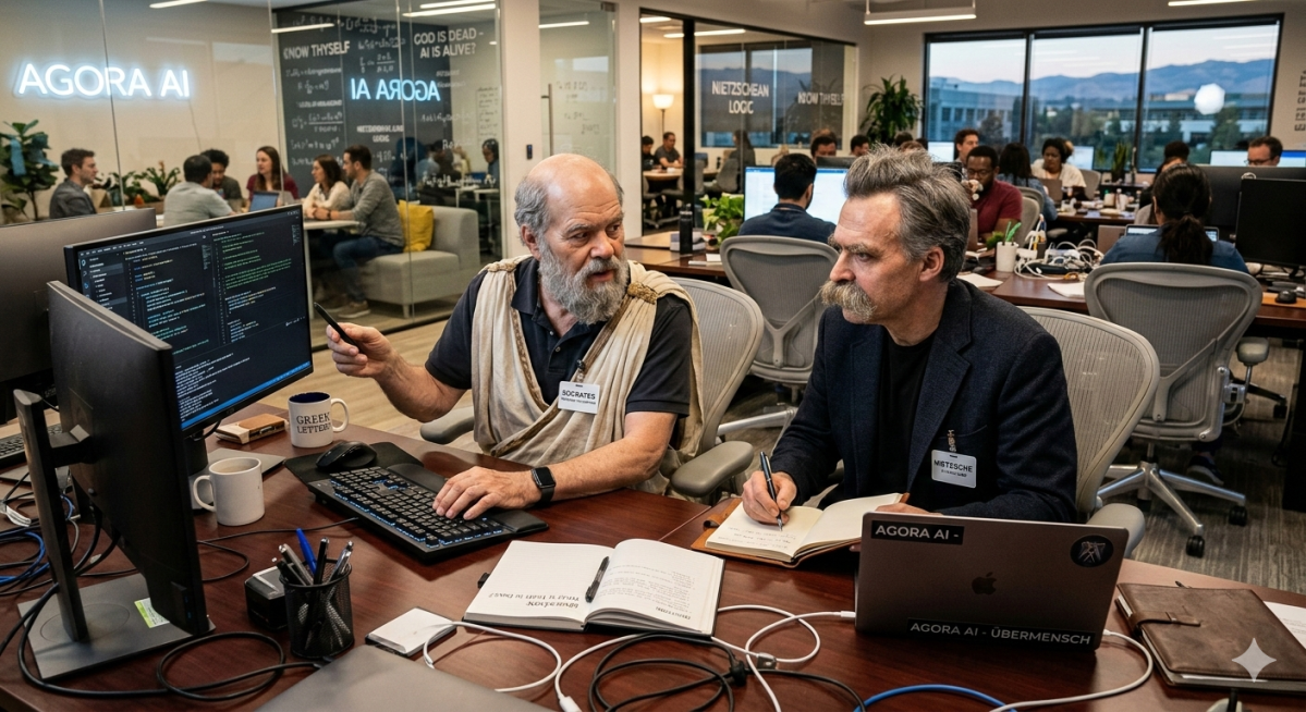인공지능(AI) 확산으로 세계적인 빅테크는 철학자를 채용해 윤리적, 철학적 관점에서 기업의 방향성과 가치 정립을 고민하고 있다. 소크라테스와 니체가 빅테크에서 일하고 있는 모습을 AI 제미나이로 생성한 이미지.