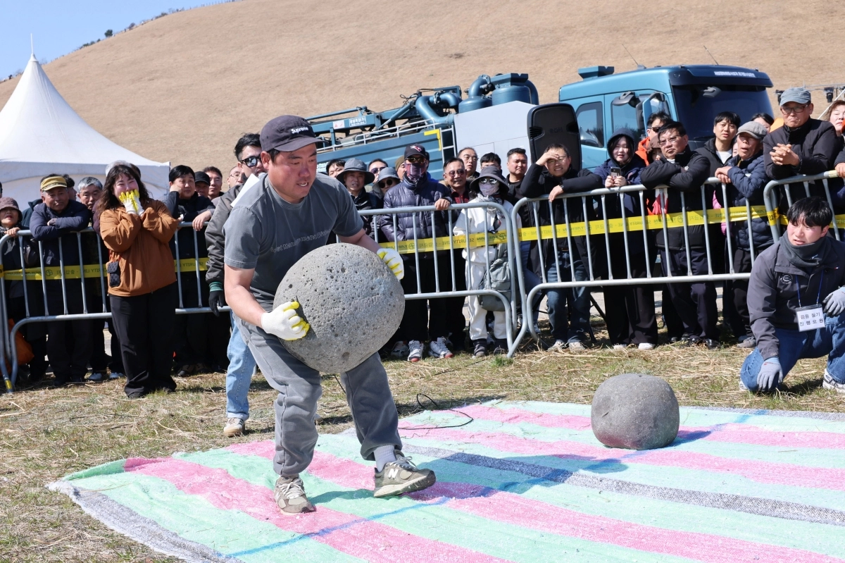 들불축제에 온 도민과 관광객들이 듬돌들기에 도전하고 있다. 제주시 제공