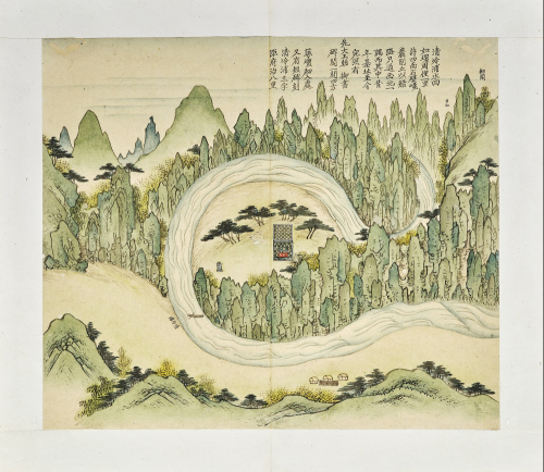 단종의 마지막 자취를 담은 ‘월중도’의 제2도 청령포도. 고갯길 넘어 굽이치는 물길이 생생하게 표현돼 있고, 영조가 세운 어제 비각이 중앙에 그려져 있다. 한국학중앙연구원 제공