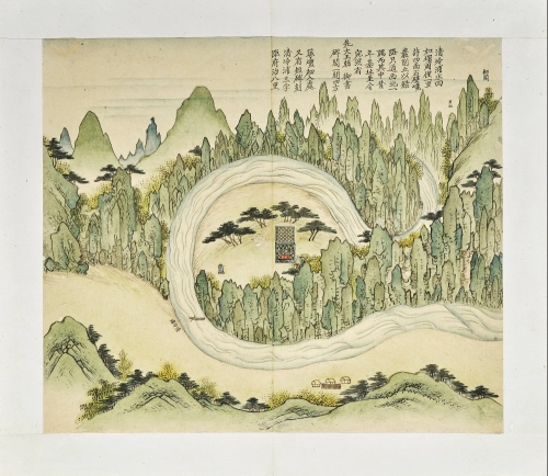 단종의 마지막 자취를 담은 ‘월중도’의 제2도 청령포도. 고갯길 넘어 굽이치는 물길이 생생하게 표현돼 있고, 영조가 세운 어제 비각이 중앙에 그려져 있다. 한국학중앙연구원 제공