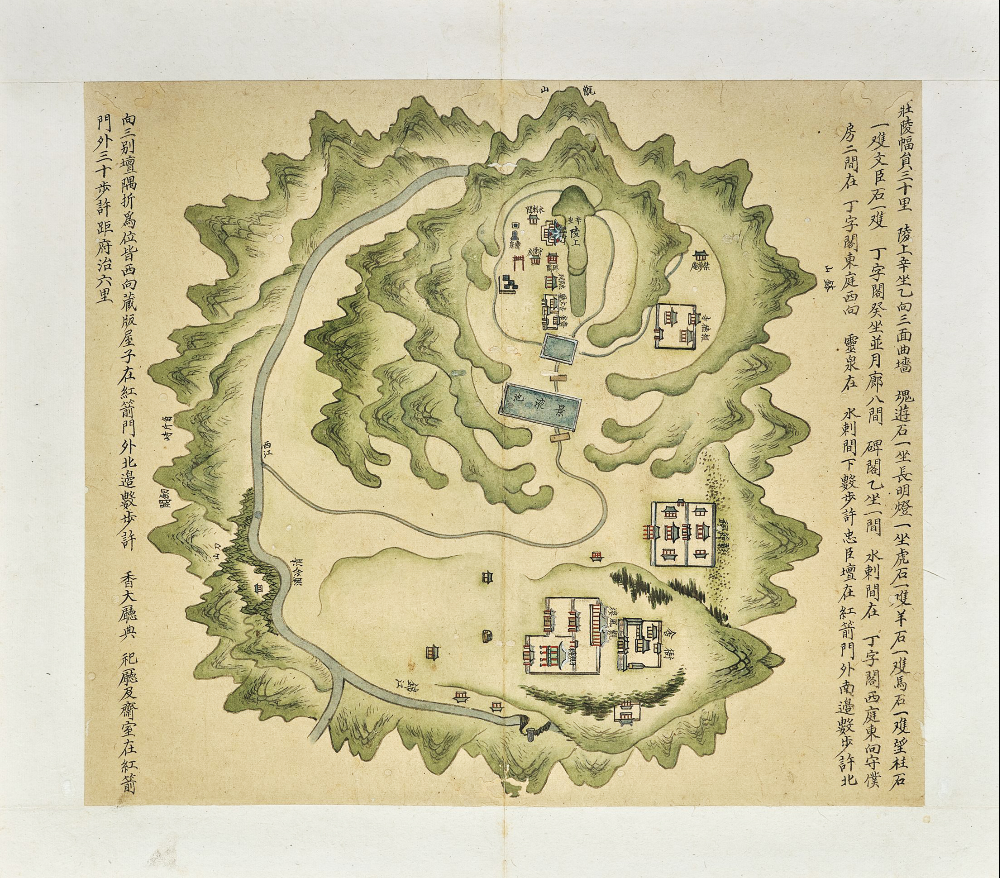 단종의 마지막 자취를 담은 ‘월중도’의 제1도 장릉도. 장릉의 형세를 산도 형식으로 그린 지도로, 청령포와 단종의 거처 관풍헌, 자규루, 사육신의 사당인 창절사, 단종의 시종들이 순절한 낙화암을 그려넣었다. 한국학중앙연구원 제공