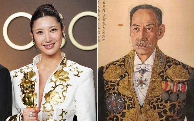 15일(현지시간) 미국 로스앤젤레스(LA) 돌비 극장에서 열린 제98회 아카데미(오스카) 시상식에서 영화 ‘케이팝 데몬 헌터스’의 주제곡 ‘골든’으로 주제가상을 받은 싱어송라이터 이재(EJAE, 왼쪽). 2026.3.15 AP 연합뉴스/오른쪽은 일본 화가 덴카이가 유화로 그린 동농 김가진(1846~1922)의 초상. 김가진이 입은 대한제국 2등 칙임관 대례복에는 활짝 핀 무궁화 4개가 금사로 수놓아졌다. 이는 그가 대한제국 2등 칙임관(현재의 차관)임을 말해 준다. 경기도박물관 자료