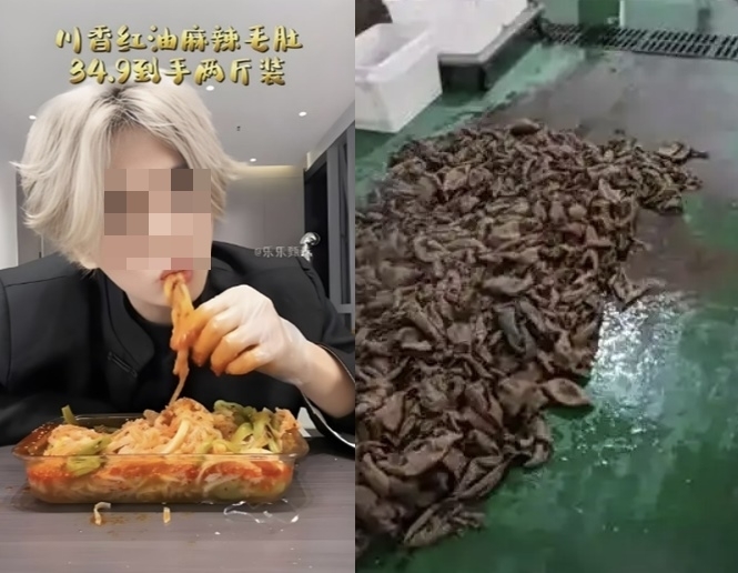 중국에서 1300만명이 넘는 팔로워를 보유한 유명 인플루언서 ‘루하’가 판매한 즉석식품의 가공공장에 대해 위생 문제가 제기돼 공장의 영업이 중단되고 제품 환불 및 보상 조치가 진행 중이다. 왼쪽은 루하가 자신의 소셜미디어(SNS)에서 즉석식품을 홍보하는 모습, 오른쪽은 공장에서 식재료를 지저분한 맨바닥에 방치한 모습. 자료 : 중국 웨이보