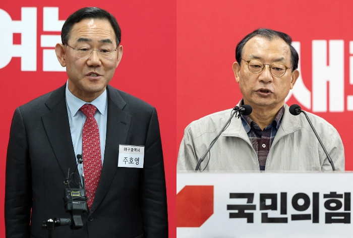 대구시장 출마 선언한 주호영 의원, 국민의힘 이정현 공천관리위원장. 뉴스1