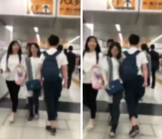 일본에서 한 남성이 혼자 걷는 여성을 의도적으로 표적 삼아 어깨로 거칠게 밀치며 지나가고 있다. SNS 캡처