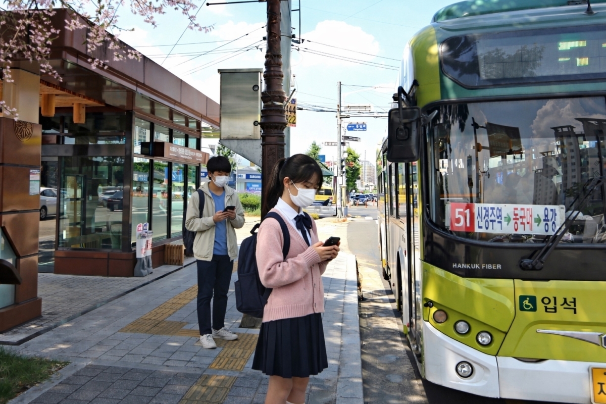 경북 경주시 황성공원·시립도서관 버스정류장에서 청소년들이 시내버스에 탑승하고 있는 모습을 표현한 인공지능(AI) 생성 이미지. 경주시 제공
