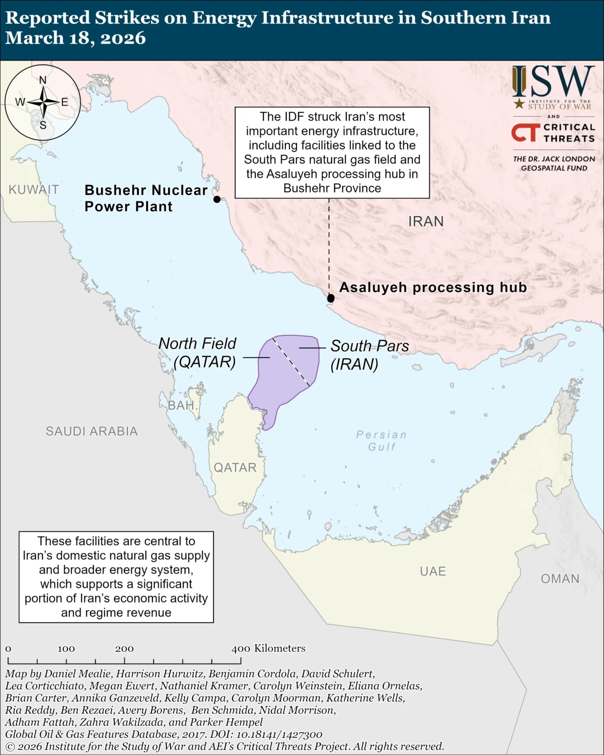 18일(현지시간) 이란 남부 사우스 파르스 가스전(보라색 원 오른쪽 부분)에서 이스라엘 공격으로 인한 화재가 발생했다. 사우스파르스는 이란 가스 생산량의 70%를 담당하는 이란의 핵심 에너지 공급 인프라다. 2026.3.18 미국 ISW 자료