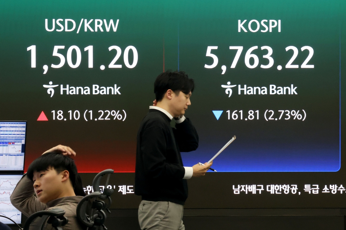 코스피 지수가 외국인의 매도세에 하락 마감한 19일 오후 서울 중구 하나은행 딜링룸 현황판에 코스피 종가와 원달러 환율이 표시되고 있다. 이날 코스피는 전장 대비 161.81포인트(2.73%) 하락한 5763.22에 거래를 마쳤다. 뉴스1