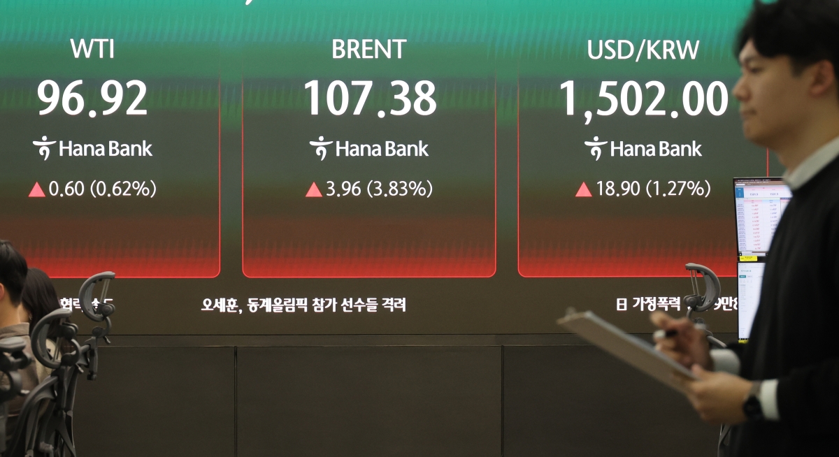 중동 전쟁이 에너지 기반 시설 공격전으로 번지면서 국제유가와 원달러 환율이 급등하고 있다. 사진은 19일 서울 중구 하나은행 딜링룸 현황판. 이날 환율은 금융위기 처음으로 주간 거래에서 1500원을 넘었다. 연합뉴스