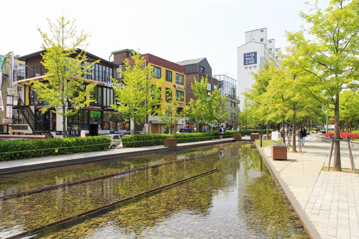 2022년 4월 서울 마포구 연남동 경의선숲길. 봄을 앞두고 새로 돋은 연둣빛 은행나무 잎들이 경의선 기차선로를 품은 인공연못과 어울려 마냥 걷고 싶게 만든다. 마포구 제공