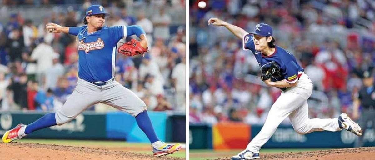 베네수엘라 대표팀의 마무리 투수 다니엘 팔렌시아가 18일(한국시간) 미국 플로리다주 마이애미 론디포파크에서 열린 2026 WBC 결승전에서 9회말 마운드에 올라 전력투구하고 있다. 팔렌시아는 100마일의 강속구로 마지막 아웃카운트를 잡아내며 구속 혁명 시대의 우승 장면을 완성했다(왼쪽 사진). 오른쪽 사진은 한국 대표팀 투수 곽빈이 14일 같은 곳에서 열렸던 도미니카공화국과의 8강전에서 투구하는 모습. 곽빈은 이번 대회 최고 시속 97.9마일의 공을 던졌다. 마이애미 로이터 연합뉴스