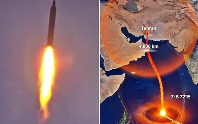 이란이 인도양의 영국·미국 공동 군사기지인 디에고 가르시아를 향해 중거리 탄도미사일 2발을 발사한 것으로 전해졌다. 사진 왼쪽은 미국과 이스라엘의 대이란 군사작전 개시 22일째인 21일(현지시간) 이란 이슬람혁명수비대(IRGC)가 이스라엘 중·북부와 바레인 주페어지역에 있는 미 해군 제5함대 본부를 겨냥해 개전 후 72번째 공격을 감행하는 모습. 오른쪽은 이란이  4000㎞ 떨어진 디에고 가르시아를 향해 중거리 탄도미사일을 발사하는 모습을 그린 상상도. 2026.3.21 IRGC 자료/기타