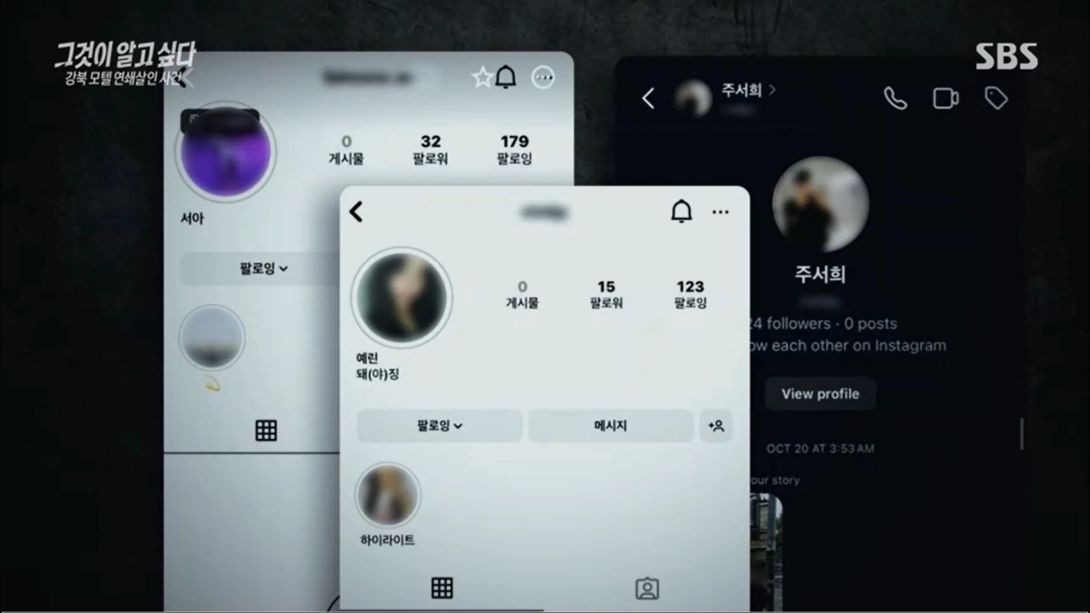 ‘강북 모텔 약물 연쇄 살인 사건’ 피의자 김소영이 타인의 사진이나 계정을 사칭한 소셜미디어(SNS). SBS ‘그것이 알고 싶다’ 캡처