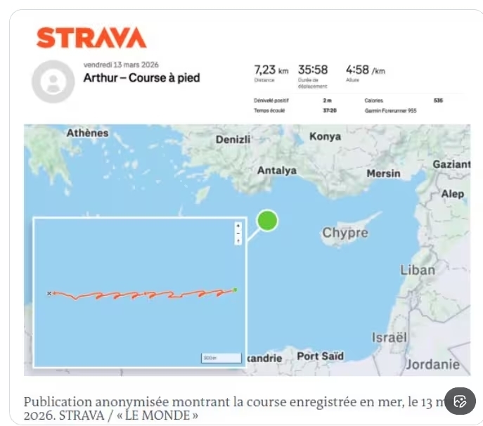 프랑스가 발트해에서 동지중해로 급파한 핵추진 항공모함 샤를 드골호의 지난 13일 오전 10시 35분 무렵의 위치가 승선한 해군 장교의 운동 앱 ‘스트라바’에 공개된 운동 기록 때문에 외부에 노출됐다. 르몽드 캡처