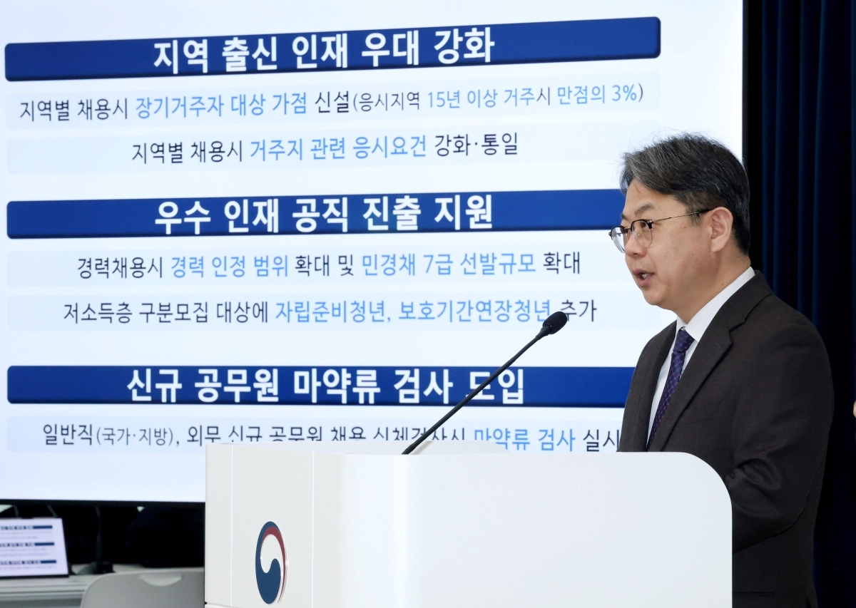 김성훈 인사혁신처 차장이 23일 세종시 정부세종청사에서 ‘지역 거주 인재 공직 진출 확대 등 채용제도 개선’ 관련 합동브리핑을 하고 있다. 인사혁신처 제공