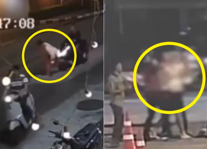 지난 21일 오전 3시 47분쯤(현지시간) 태국 파타야 워킹스트리트 인근에서 일본인 관광객이 현지 남성 5~6명으로부터 집단 구타를 당하는 사건이 벌어졌다. 사진은 피해자(노란 원 속 흰색 티셔츠)가 가해 오토바이에 들이받히는 장면(왼쪽)과 오토바이에서 내린 일당에게 둘러싸여 폭행당하고 있는 모습(오른쪽)이 담긴 폐쇄회로(CC)TV 영상 일부. 채널7 보도화면 캡처