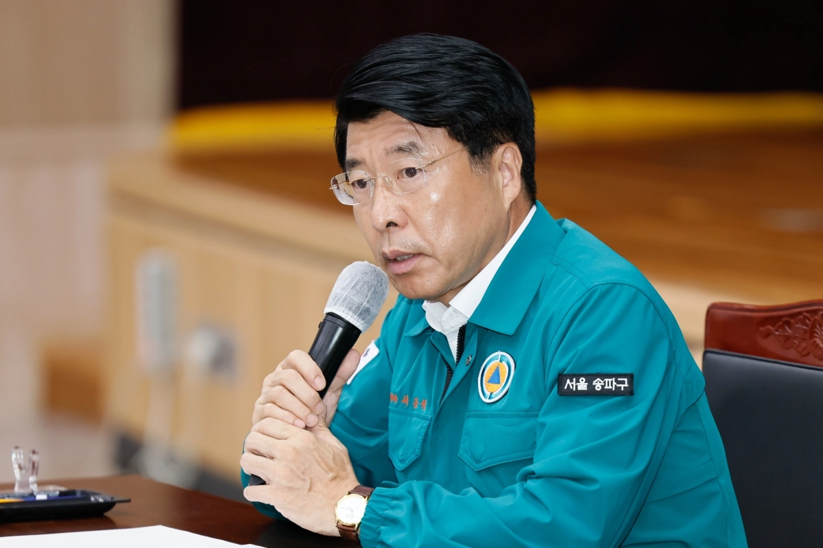 서강석 송파구청장이 지난해  8월 을지연습 회의에서 발언을 하고 있다. 송파구 제공