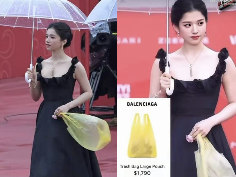 지난해 4월 제15회 베이징 국제 영화제(BIF) 레드카펫에 노란 비닐봉투를 들고 등장한 여배우 장징이(왼쪽)와 해당 봉투가 명품 브랜드 발렌시아가 제품이라는 주장이 담긴 밈(meme·온라인 유행 콘텐츠) 사진(오른쪽)
