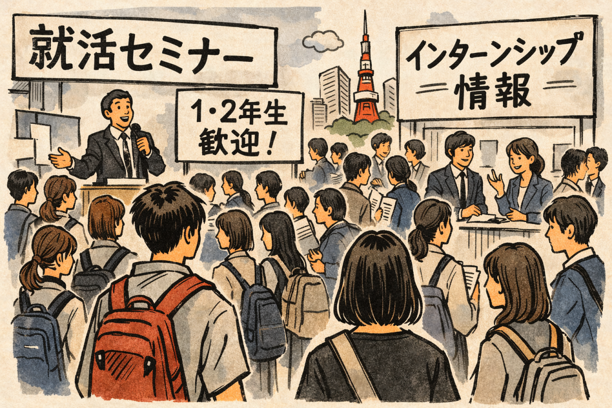 일본에서는 최근 구직 시즌이 앞당겨지면서 대학 저학년부터 취업 준비에 나서는 흐름이 확산되고 있다. 챗 GPT 생성 이미지